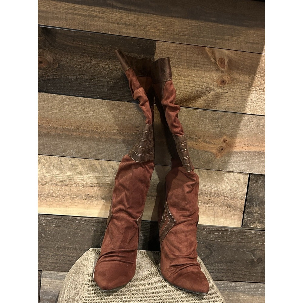 Michael Antonio Knee High‎ Boots Women's 6.5 Tan Faux Leather High Heel - Picture 4 of 9